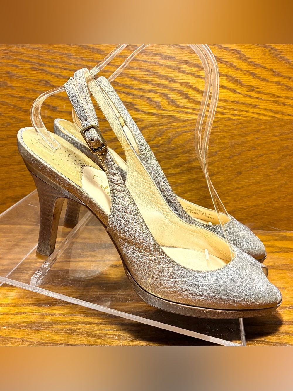 Y2K VTG Cole Haan Nike Air Gold Silver Crackled Leather Peep Toe Slingback Heels - Picture 3 of 14